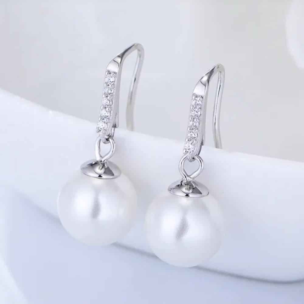 Sterling Silver Pearl CZ Drop Earrings